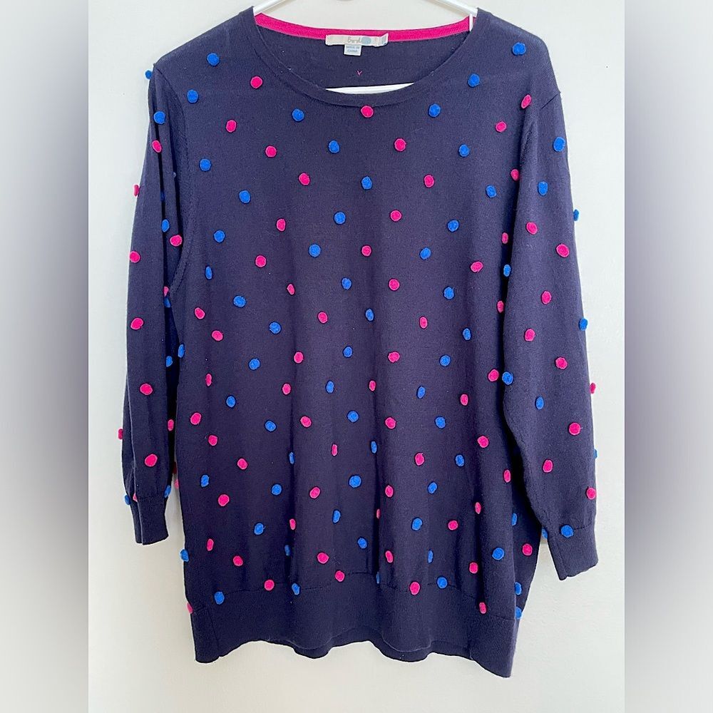 BODEN/NEW GIRL alert! Jess’s Hot Pink and Navy Blue Pom Pom sweater. Size 18